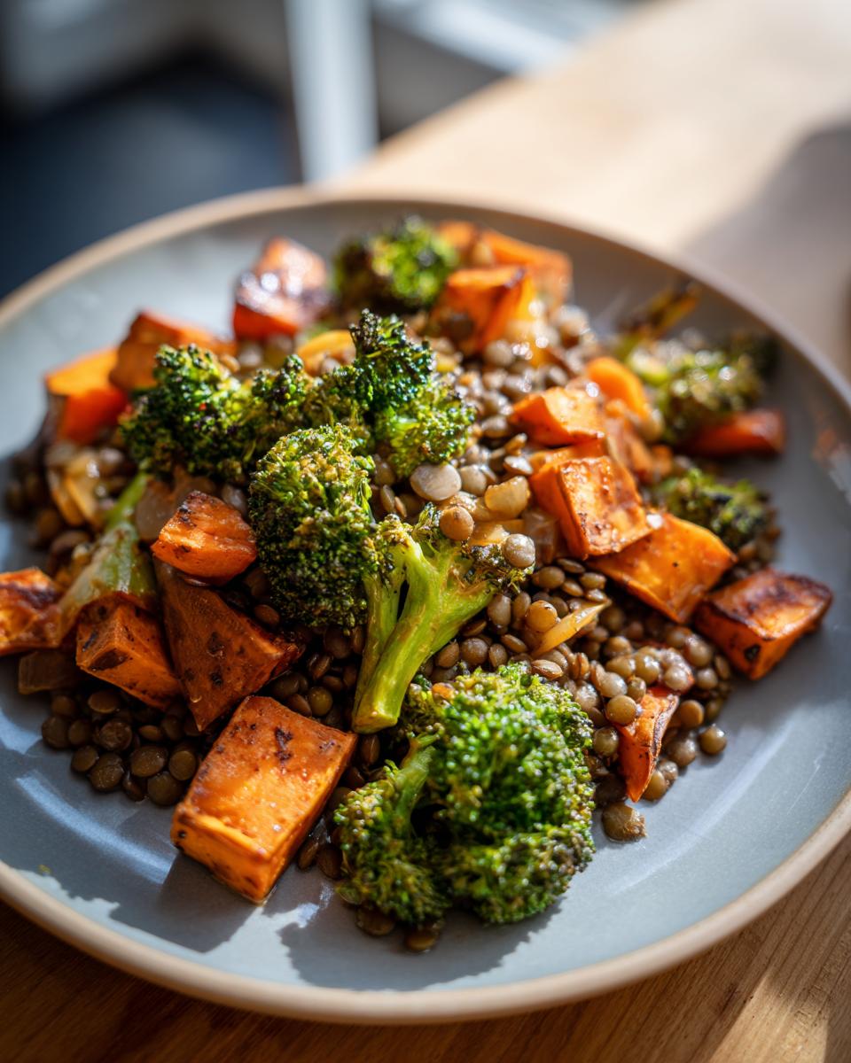 A close-up of a warm veggie lentil salad featuring roasted sweet potatoes and bright green broccoli florets.