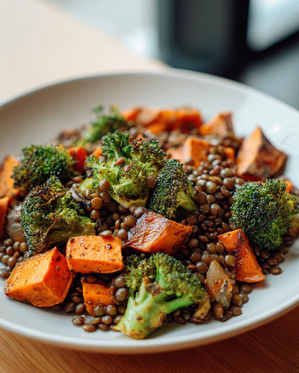 A close-up of a hearty veggie lentil salad featuring roasted sweet potatoes, charred broccoli florets, and brown lentils.