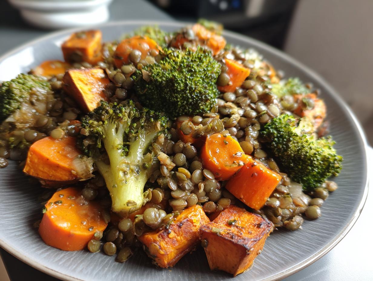 Close-up of a vibrant veggie lentil salad featuring green lentils, roasted sweet potato chunks, and bright green broccoli florets.