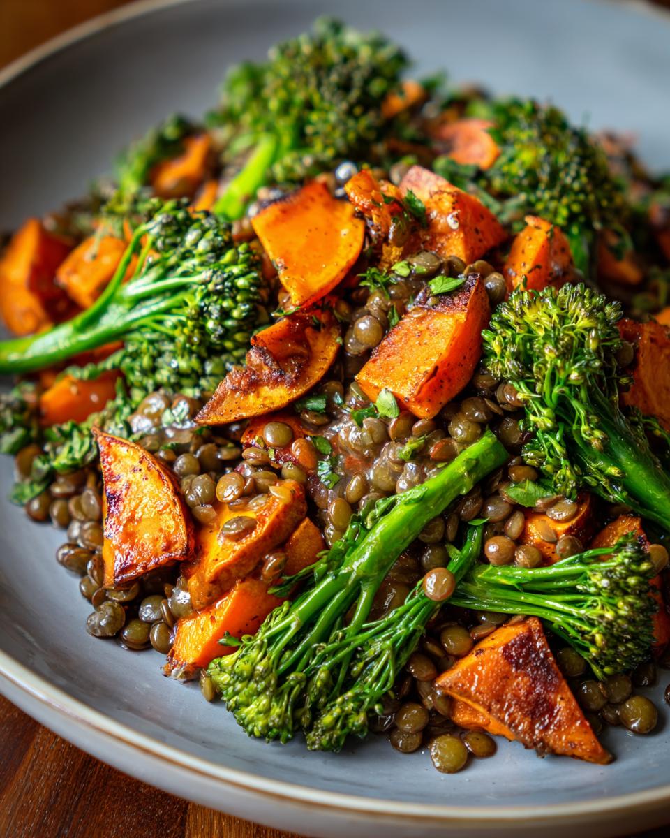 Close-up of a vibrant veggie lentil salad featuring green lentils, roasted sweet potatoes, and bright green broccolini.