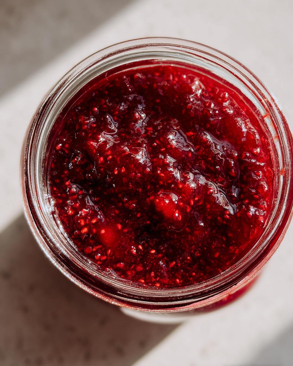 Overhead view of rich, deep red christmas jam with visible seeds inside an open glass jar.