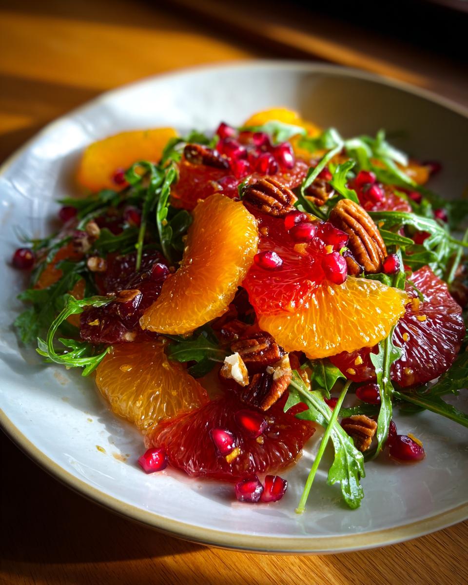 Close-up of a vibrant citrus salad featuring blood orange segments, arugula, pomegranate seeds, and pecans.