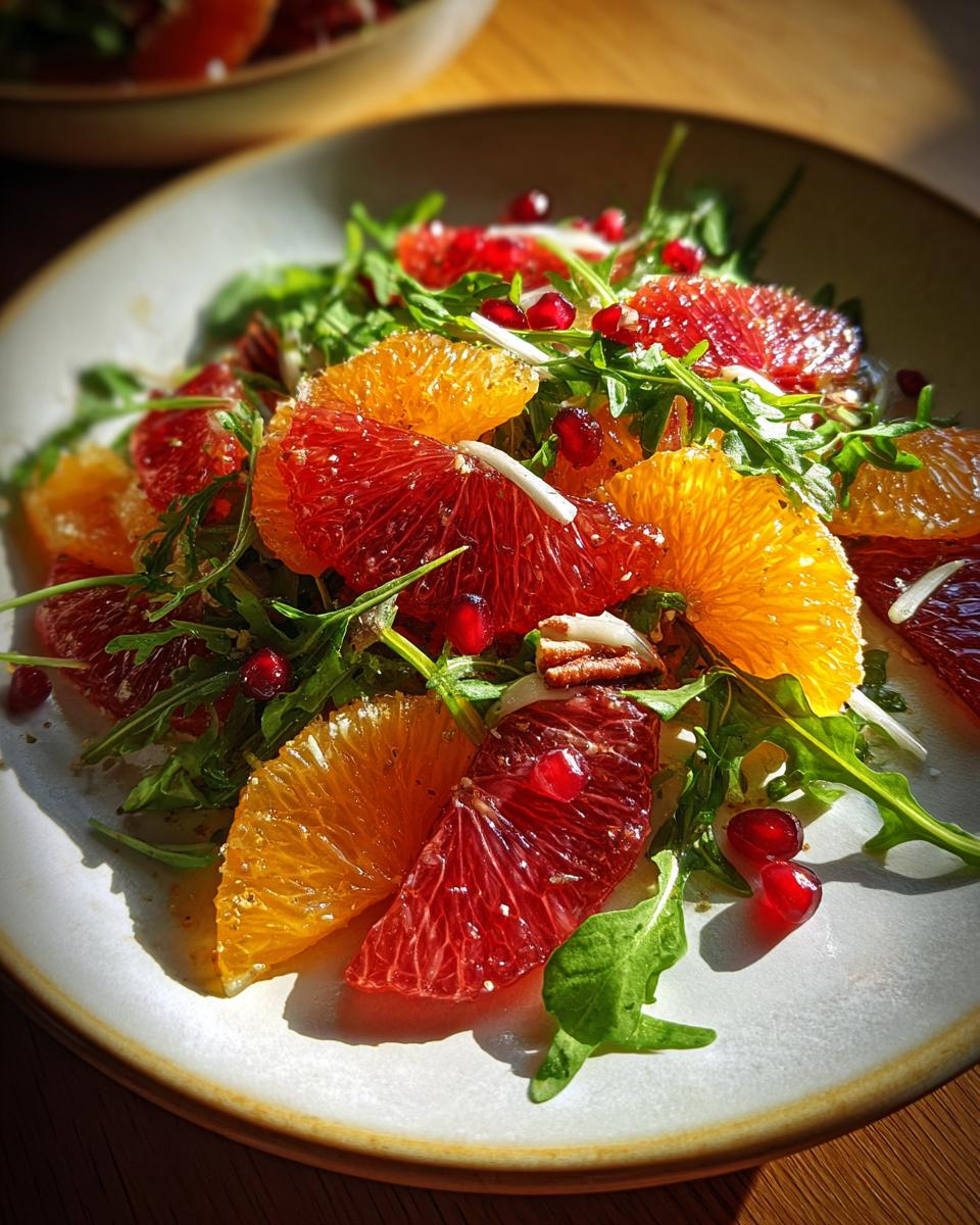 Close-up of a vibrant citrus salad featuring slices of blood orange, regular orange, arugula, and pomegranate seeds.