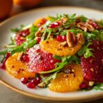 Close-up of a vibrant citrus salad featuring slices of orange and blood orange over arugula, topped with pecans and pomegranate arils.