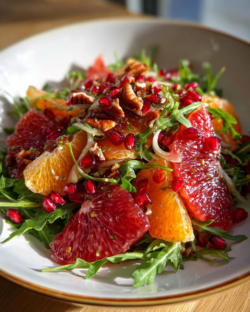 Close-up of a vibrant citrus salad featuring blood orange, navel orange segments, arugula, pomegranate seeds, and pecans.