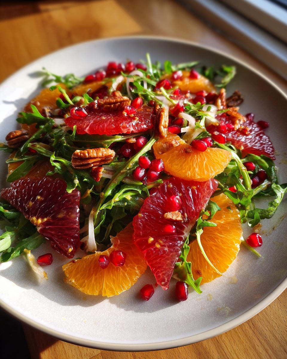 A vibrant citrus salad featuring blood orange and navel orange slices, arugula, pecans, and bright red pomegranate seeds.