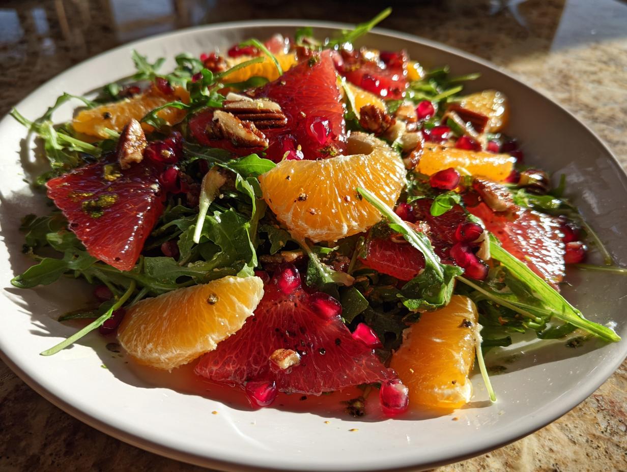 A vibrant citrus salad featuring segments of orange and ruby red grapefruit over arugula, topped with pomegranate seeds and nuts.