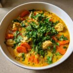 A close-up view of a steaming white bowl filled with rich, yellow coconut curry soup, featuring chunks of chicken, sliced carrots, and topped generously with fresh cilantro.