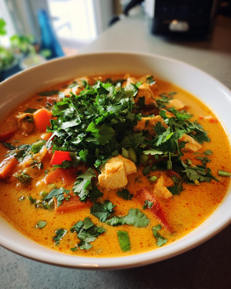 Close-up of a creamy, orange-hued coconut curry soup filled with chicken and vegetables, heavily garnished with fresh cilantro.