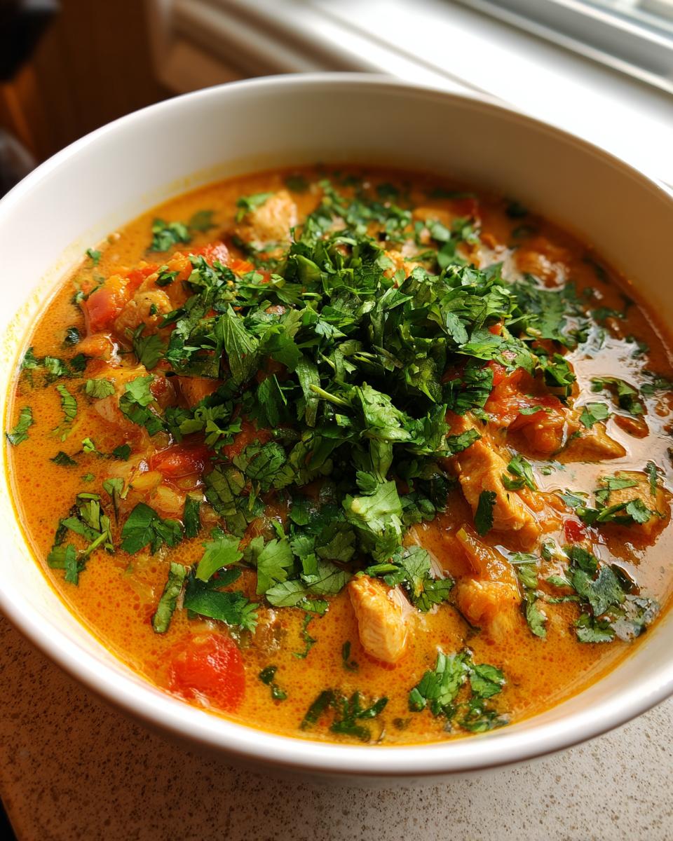 A close-up of a vibrant orange coconut curry soup in a white bowl, generously garnished with fresh cilantro.