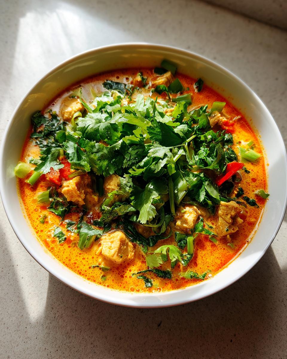 A vibrant, orange-hued bowl of coconut curry soup filled with chicken pieces and heavily garnished with fresh cilantro.
