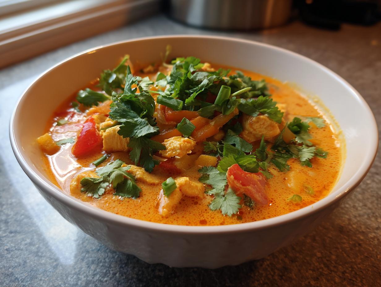 A close-up of a rich, orange-hued coconut curry soup, topped generously with fresh cilantro and green onions.