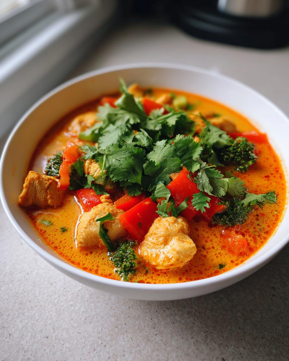 A close-up of a white bowl filled with rich, orange coconut curry soup, featuring chunks of chicken, red peppers, broccoli, and fresh cilantro.