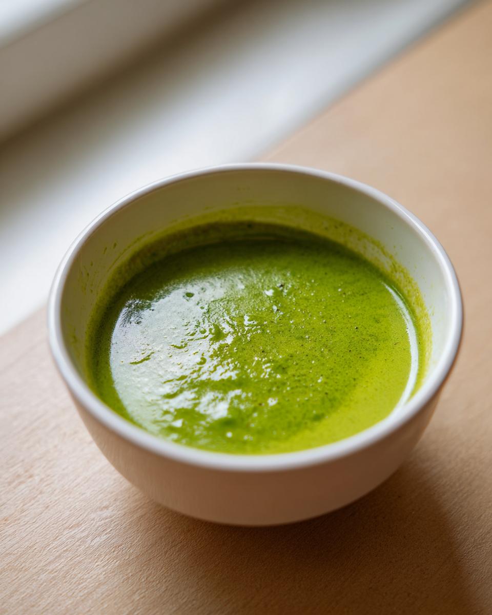 Close-up of a bowl filled with vibrant green pea soup, sitting on a light wooden surface.