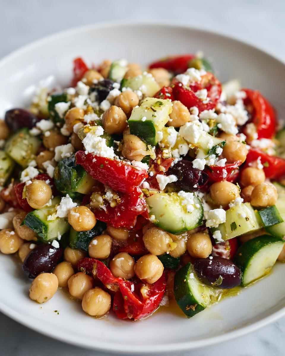 Close-up of a vibrant mediterranean chickpea salad featuring chickpeas, cucumber, red peppers, olives, and feta.