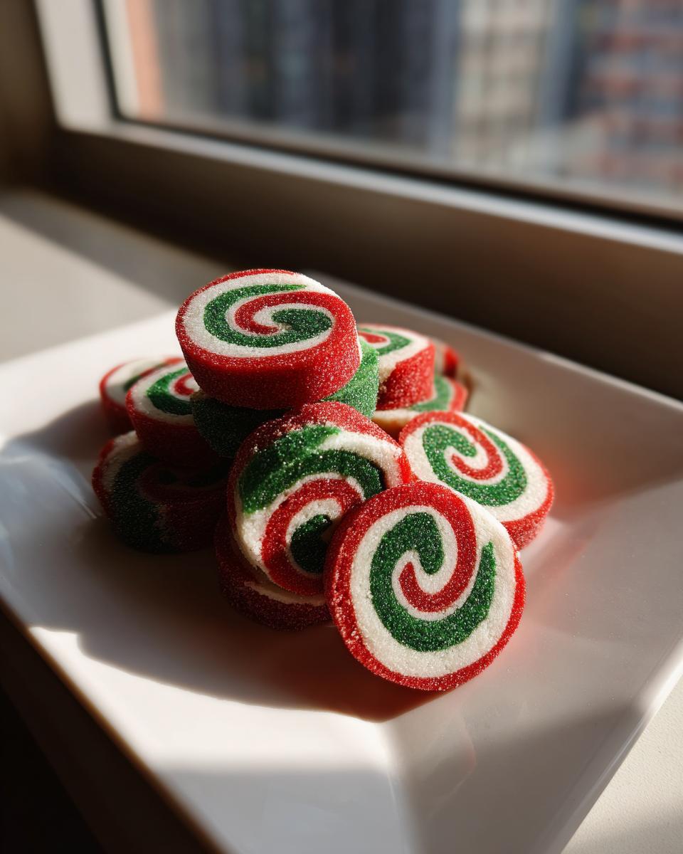 A stack of colorful red, white, and green sugar-coated pinwheel cookies resting on a white square plate near a window.