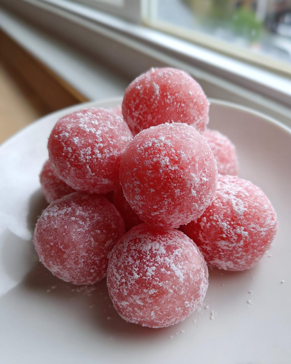 A pile of bright pink, round watermelon mochi balls generously dusted with white powdered sugar on a white plate.
