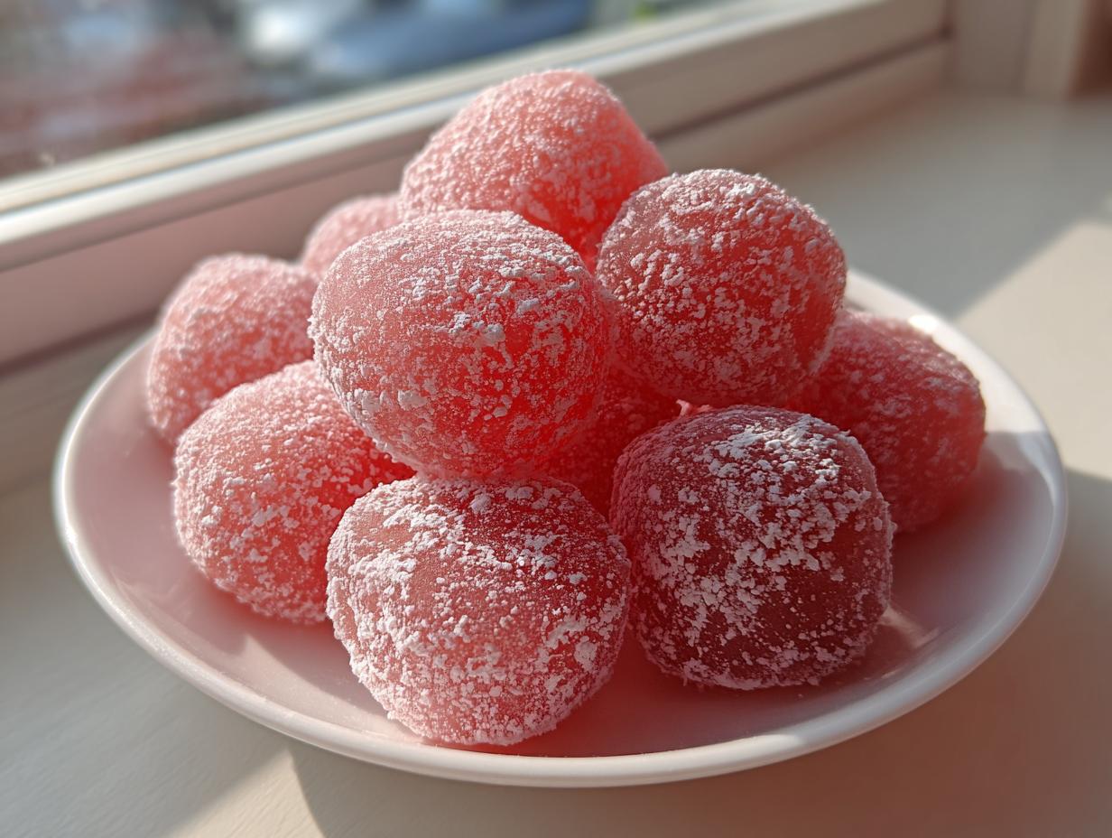 A pile of bright pink, round watermelon mochi balls lightly dusted with white powdered sugar on a white plate.