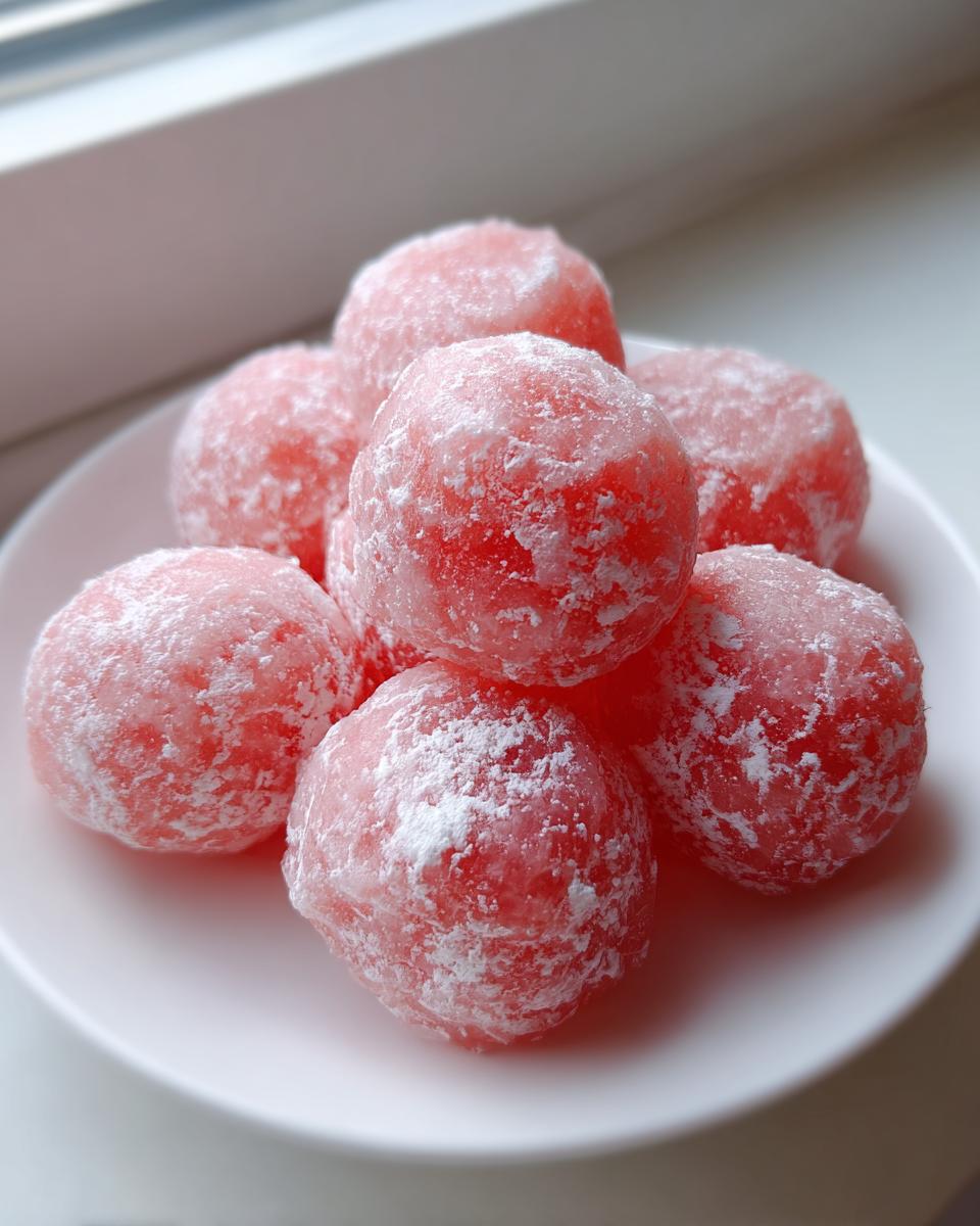 A pile of vibrant pink watermelon mochi balls lightly dusted with white powdered sugar on a white plate.