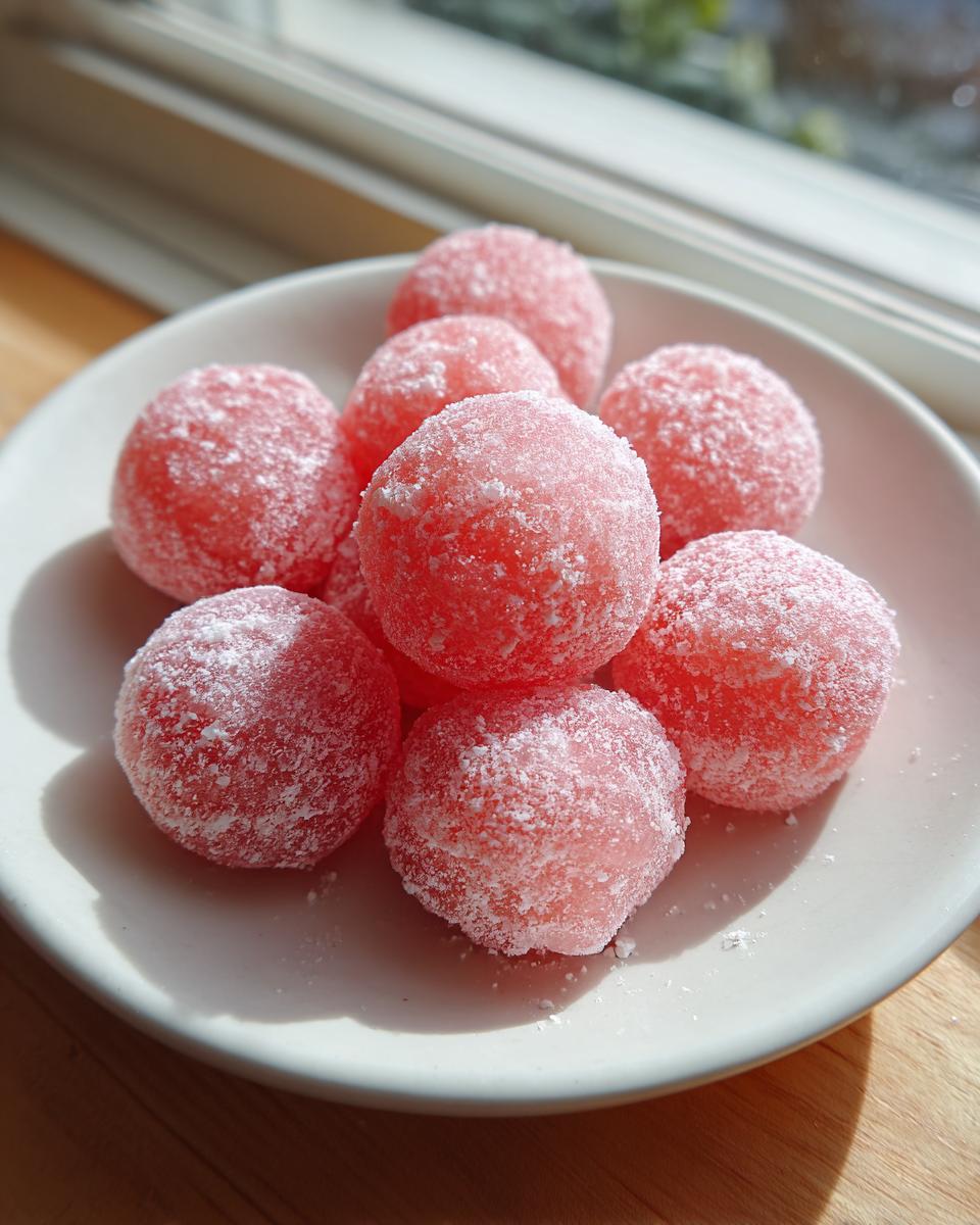 A small white plate holds several bright pink, round watermelon mochi dusted heavily with white sugar.