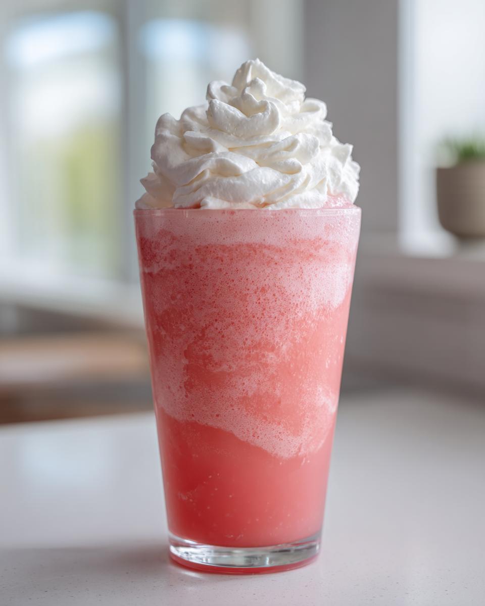 A tall glass filled with frothy, bright pink lemonade topped high with whipped cream.