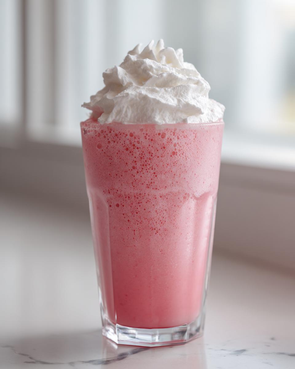 A tall glass filled with frothy, bright pink lemonade topped with a generous swirl of whipped cream.