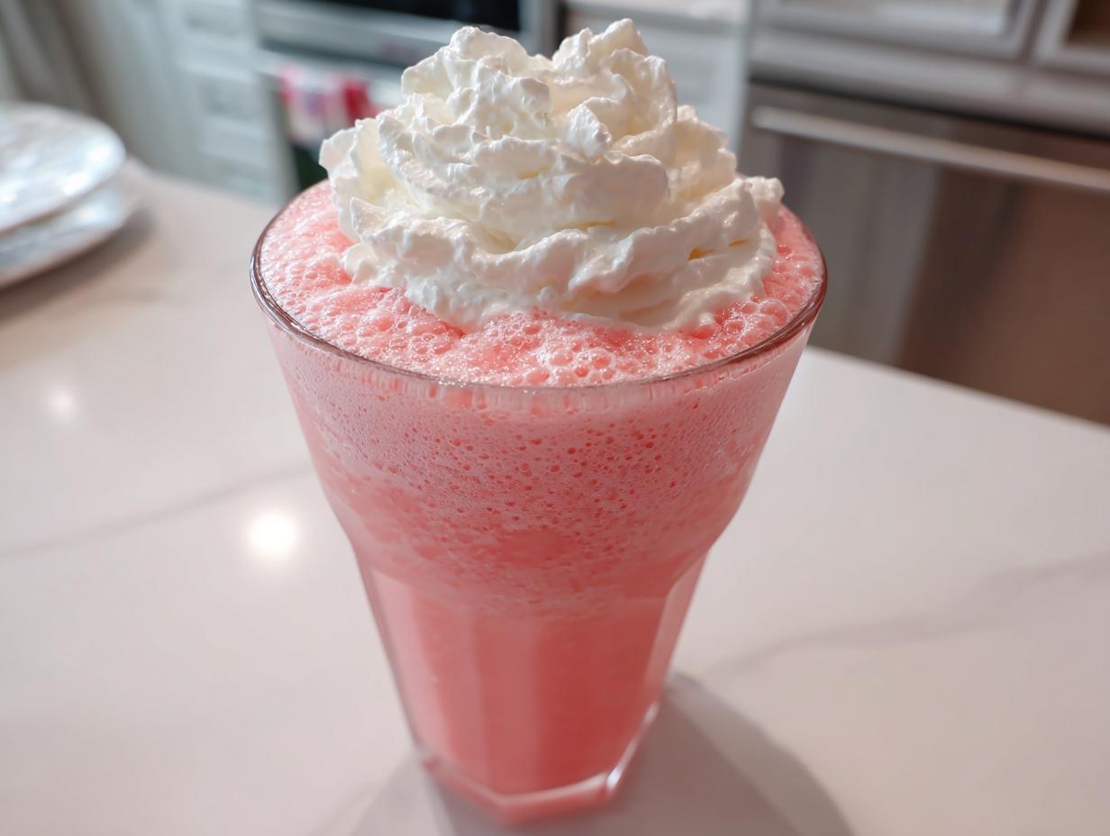 A tall glass filled with frothy, bright pink lemonade topped generously with whipped cream.