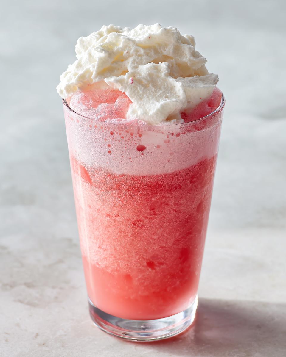 A tall glass filled with blended pink lemonade topped generously with fluffy whipped cream.
