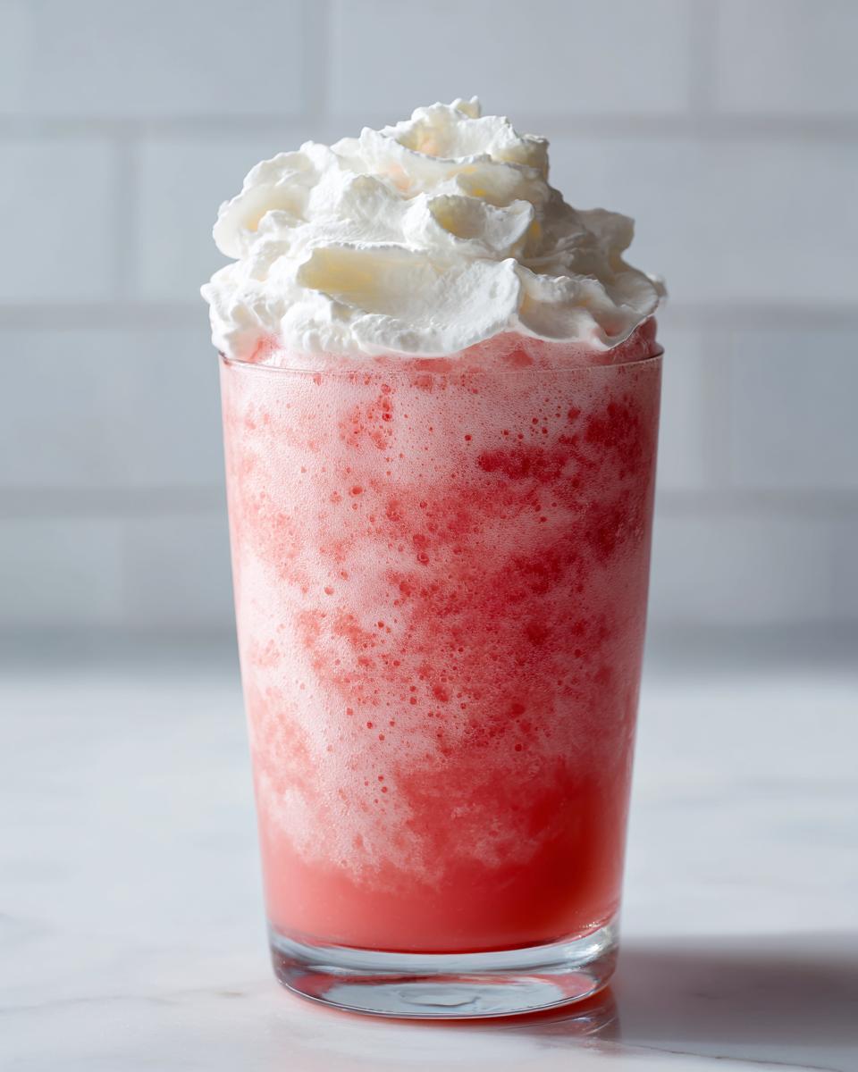 A tall glass filled with a vibrant, frothy pink lemonade slush topped generously with whipped cream.