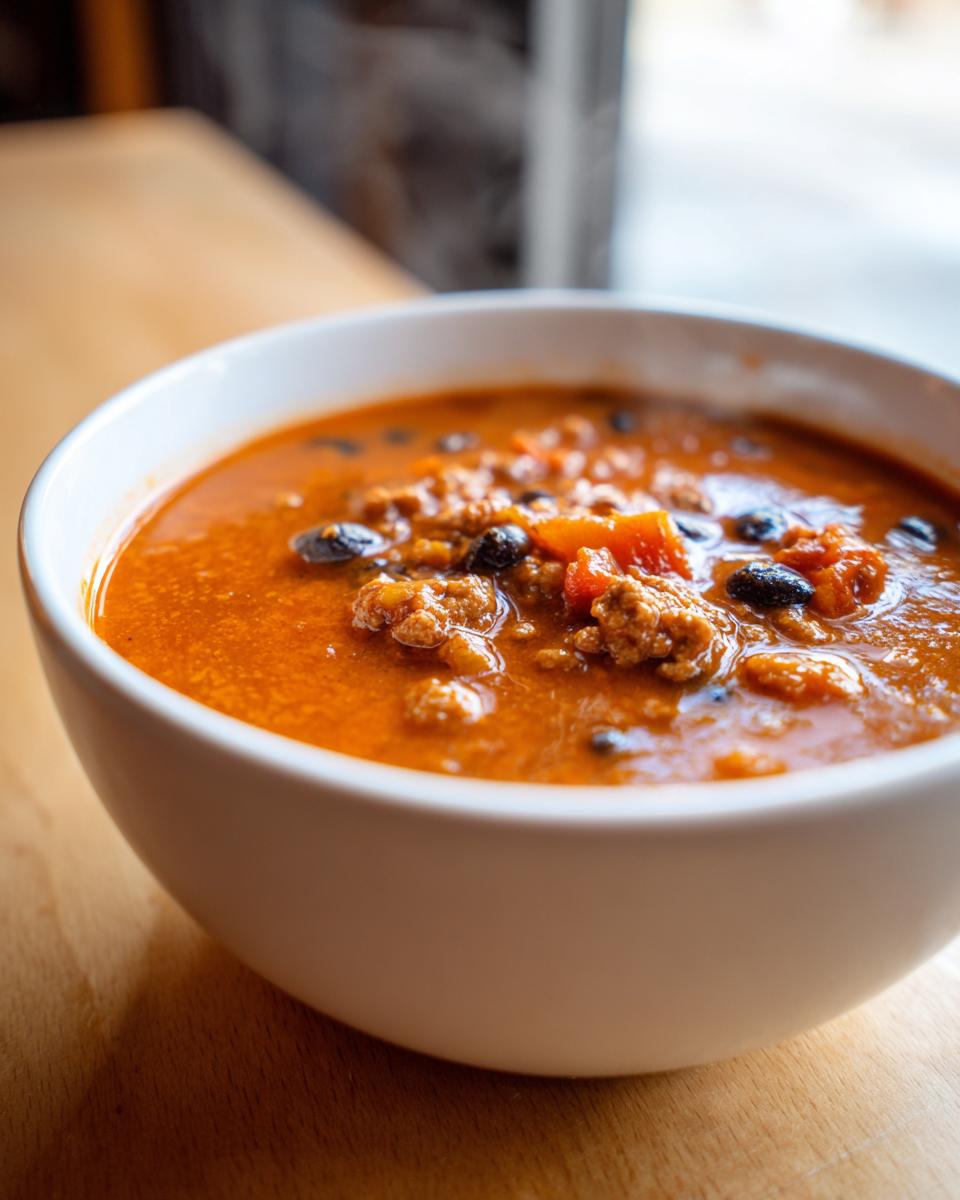 Close-up of a steaming white bowl filled with rich, orange-red pumpkin chili containing ground meat and black beans.