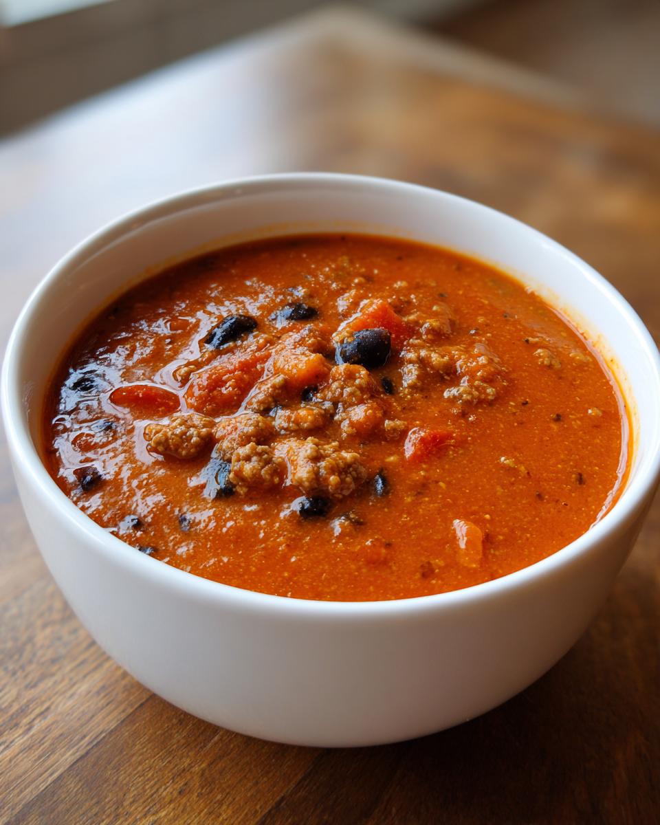 Close-up of a hearty bowl of rich, orange-red pumpkin chili with ground meat and black beans.