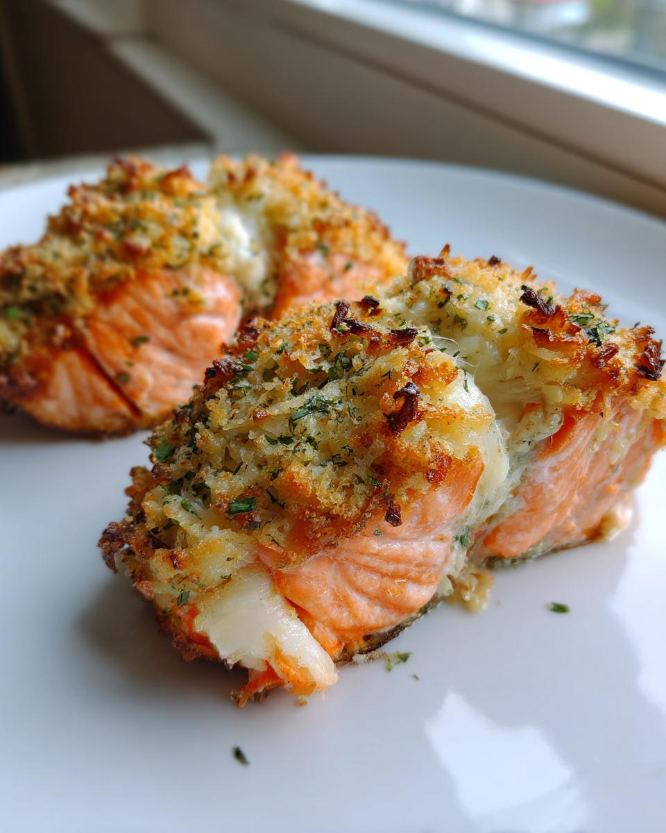 Two portions of baked stuffed salmon with a golden, herbed breadcrumb crust, showing the flaky pink fish inside.