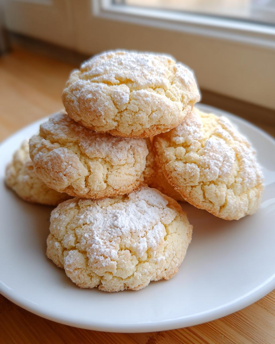 A small stack of golden, crinkled 3-ingredient butter cookies topped generously with powdered sugar on a white plate.