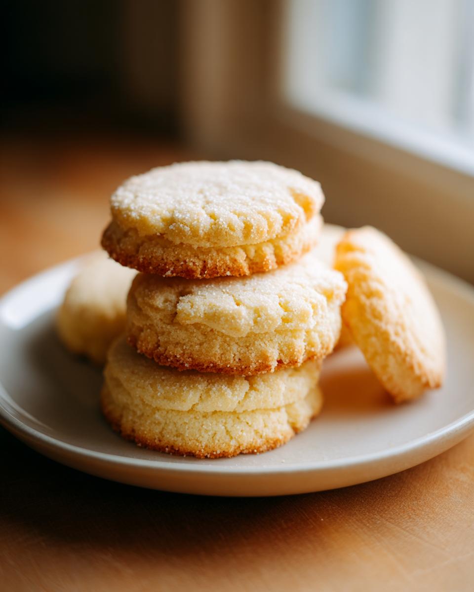 A stack of three golden 3-ingredient butter cookies dusted with sugar on a light plate.