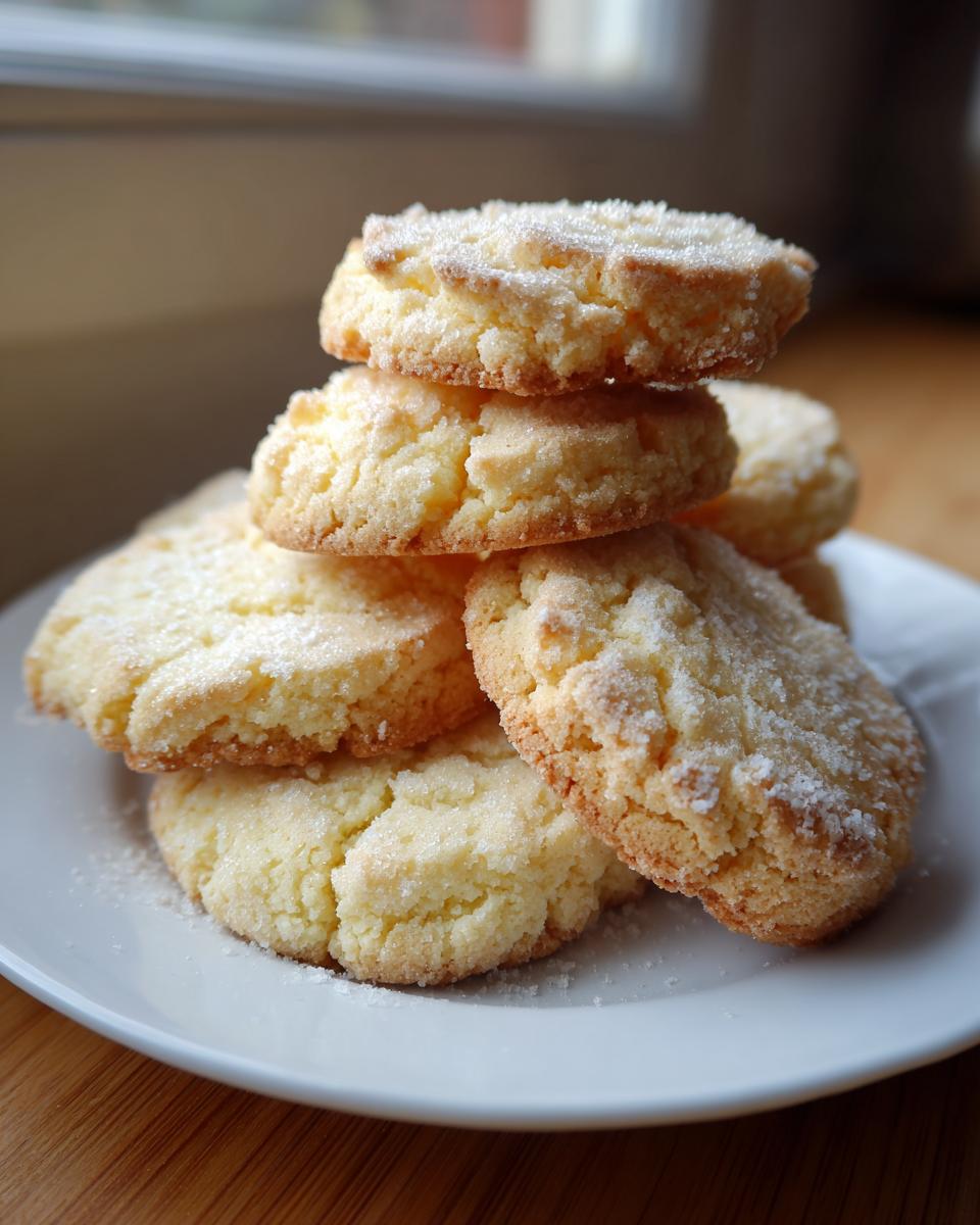 A stack of golden, crumbly 3-ingredient butter cookies dusted generously with granulated sugar on a white plate.