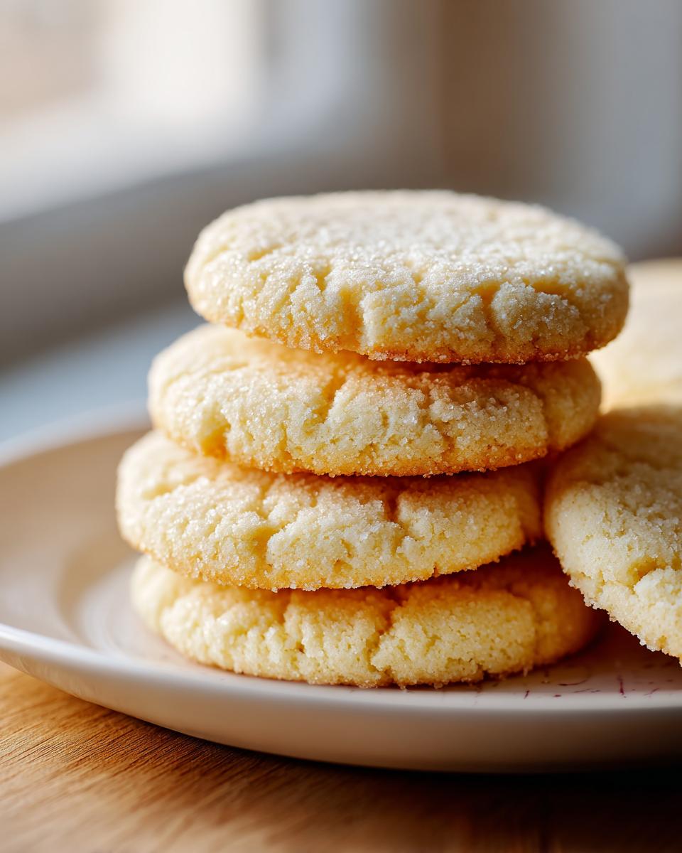 A close-up stack of four golden 3-ingredient butter cookies sprinkled with sugar, resting on a white plate.