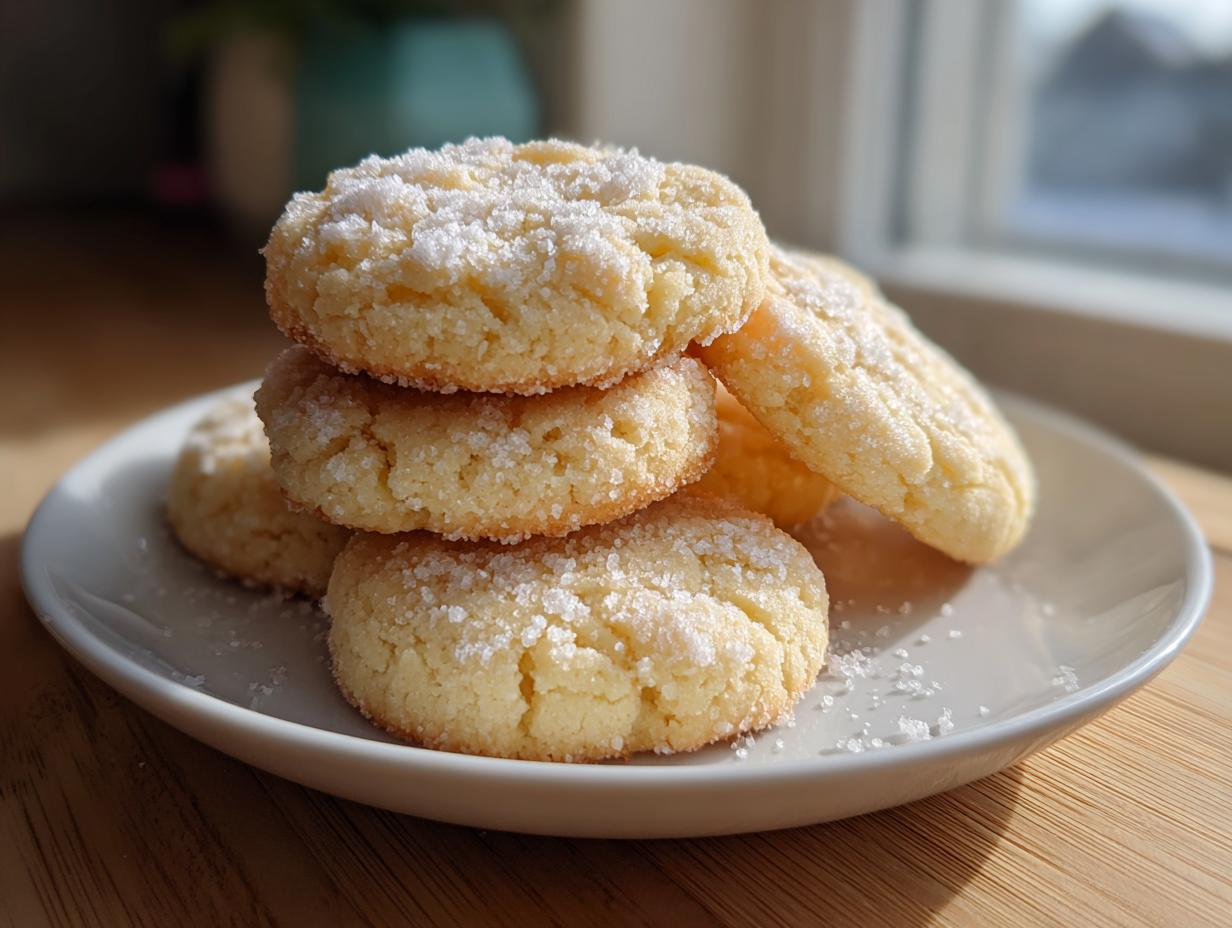 A stack of golden 3-ingredient butter cookies generously coated in sparkling sugar crystals on a white plate.