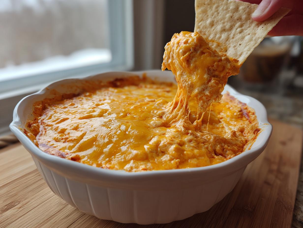 A hand dips a tortilla chip into a hot, cheesy chili cheese dip, showing a long, satisfying cheese pull.
