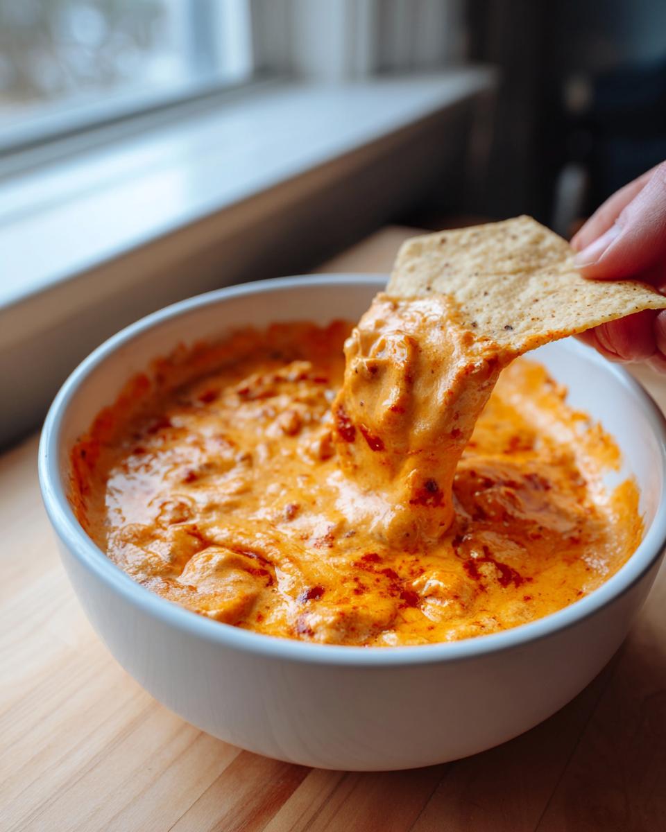 A hand dips a tortilla chip into a bowl of thick, orange chili cheese dip, showing off its creamy texture.