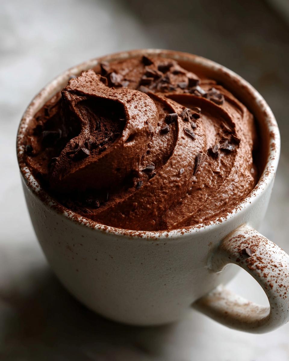 Close-up of rich, dark chocolate mousse topped with chocolate shavings in a speckled white mug.