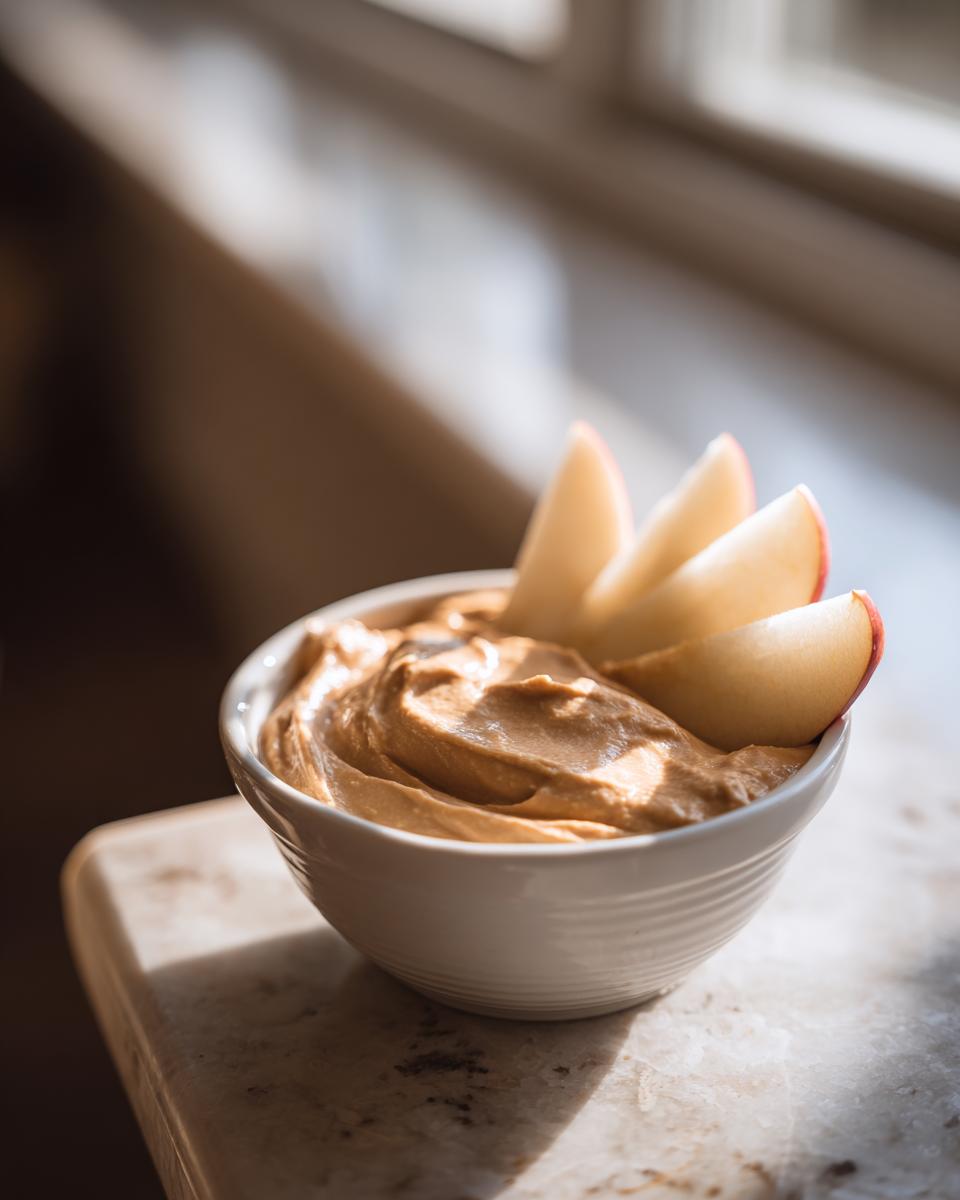 A small white bowl filled with creamy peanut butter fruit dip, garnished with apple slices.