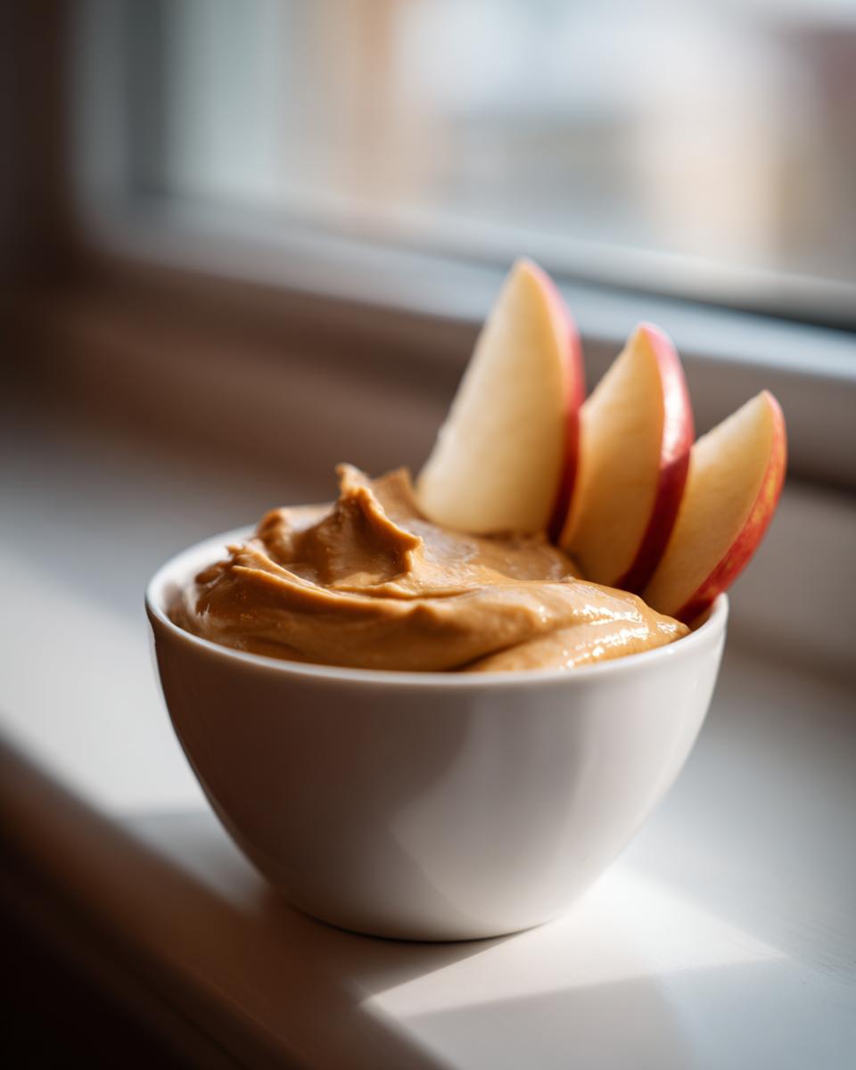 A small white bowl filled with creamy peanut butter fruit dip, garnished with three fresh red apple slices.