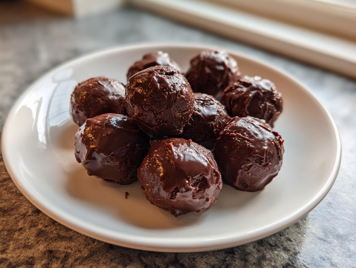 A white plate holds several rich, dark chocolate coated Oreo balls, ready to eat.