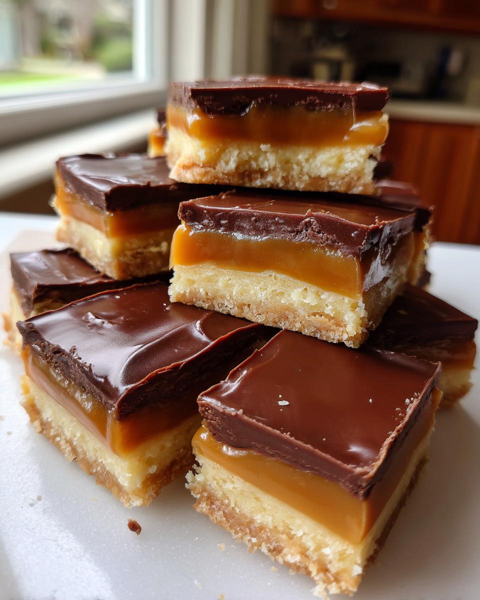 A stack of homemade, three-layer Twix bites featuring a shortbread base, thick caramel layer, and chocolate topping.