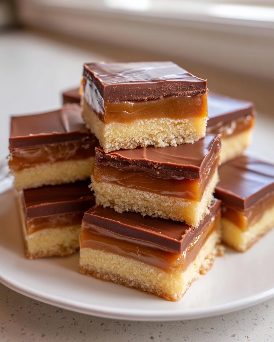 A stack of homemade 3-layer Twix bites showing shortbread, caramel, and chocolate topping.
