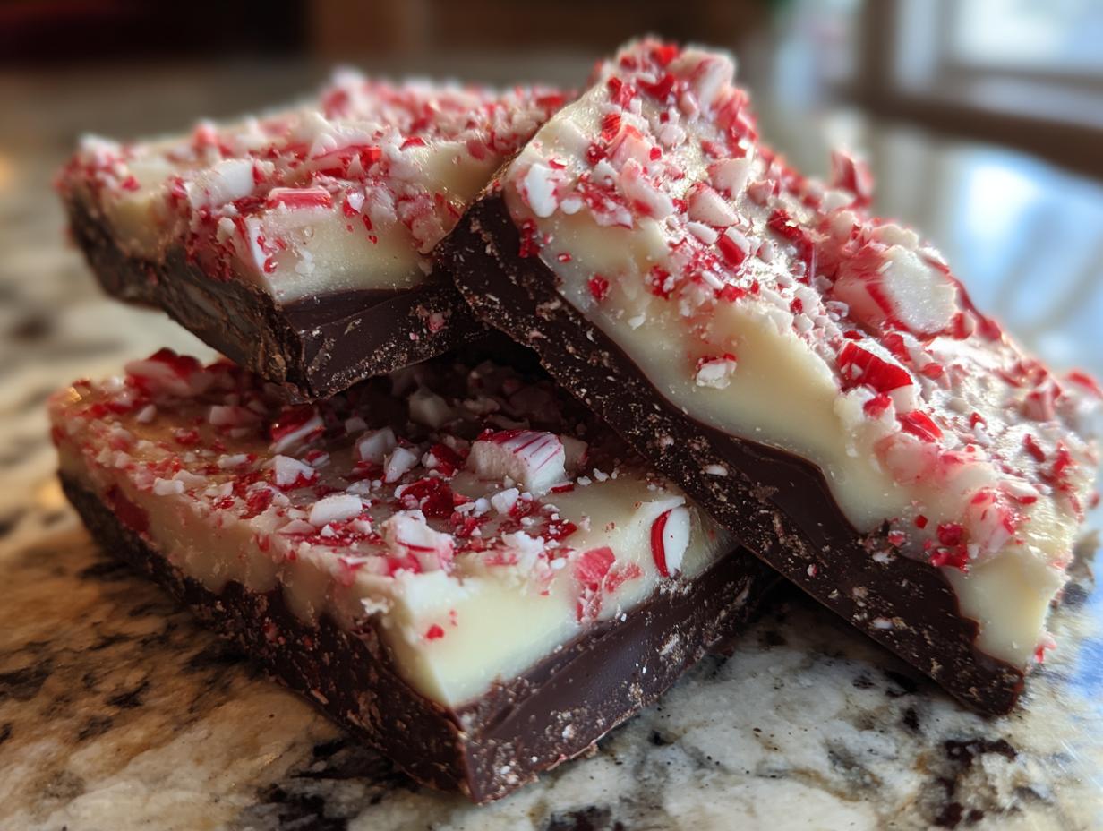Three stacked pieces of homemade peppermint bark showing dark chocolate, white chocolate, and crushed candy canes.