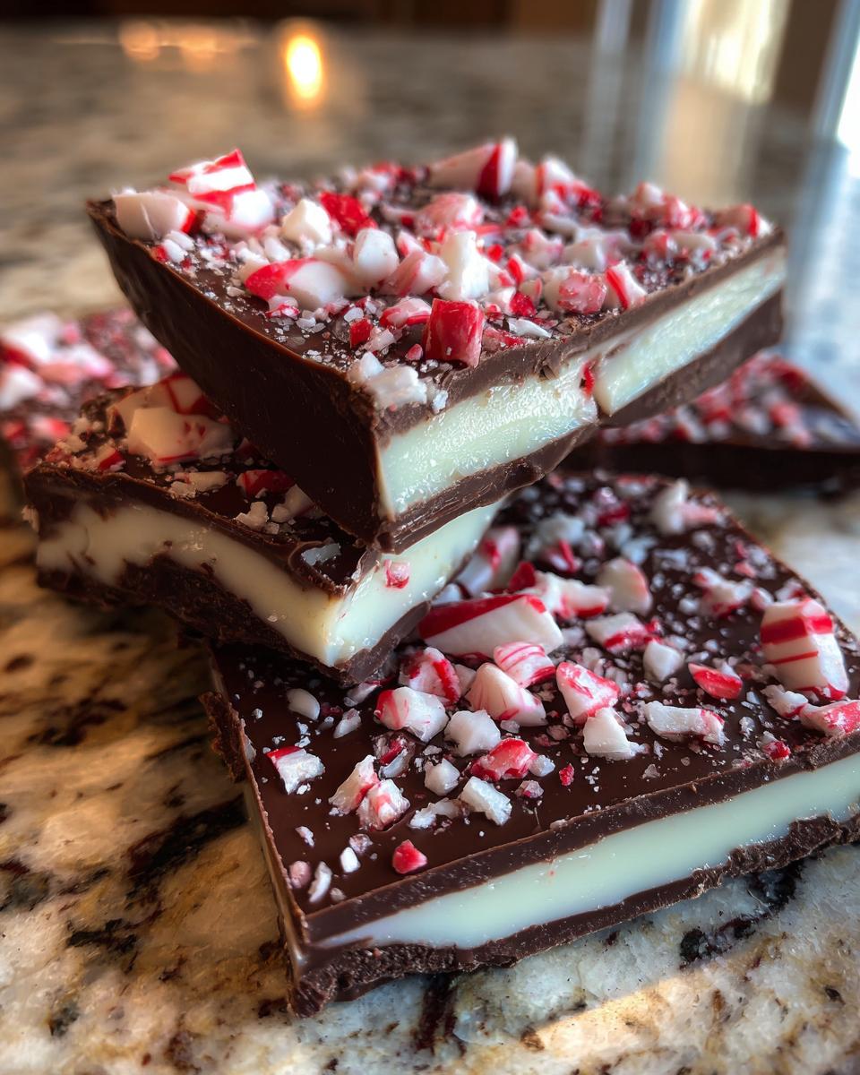 Stacked squares of homemade peppermint bark showing dark chocolate, white mint layer, and crushed candy canes on top.