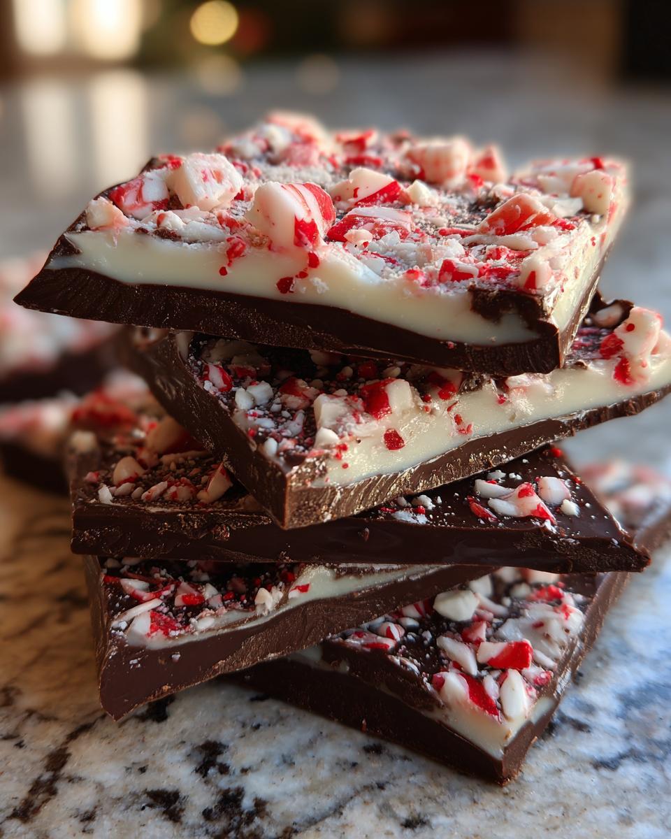 A stack of rich, layered peppermint bark featuring dark chocolate, white chocolate, and crushed candy canes.