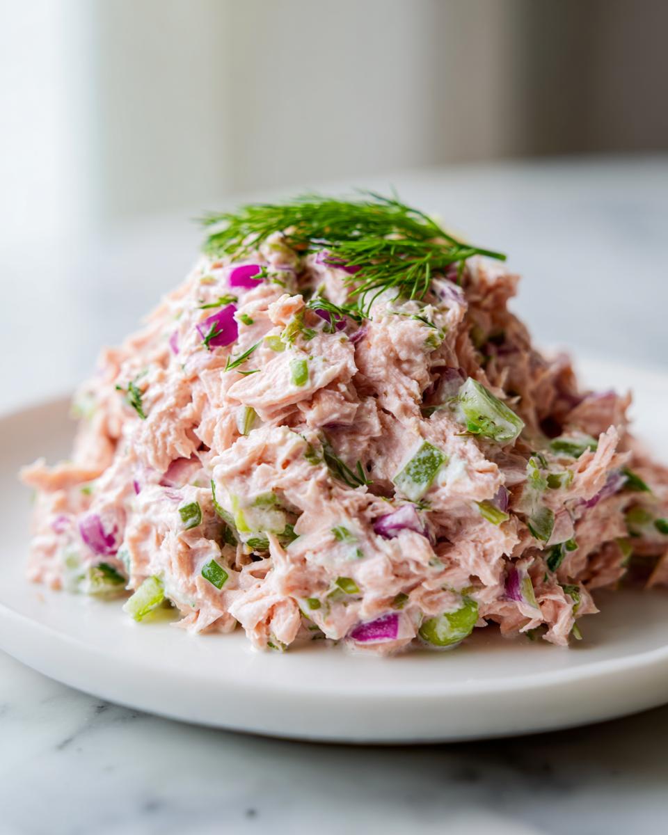 A mound of creamy salmon salad mixed with red onion and celery, topped with fresh dill.