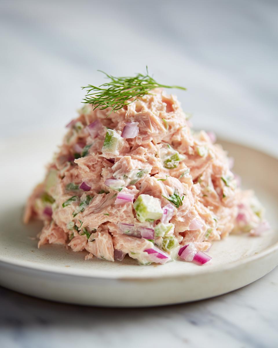 A perfectly mounded serving of fresh salmon salad mixed with red onion and celery, topped with dill.